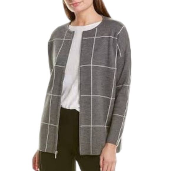 Eileen Fisher 100% Fine Merino Wool Window Pane Stripe Zip Up Cardigan Medium - Picture 1 of 10